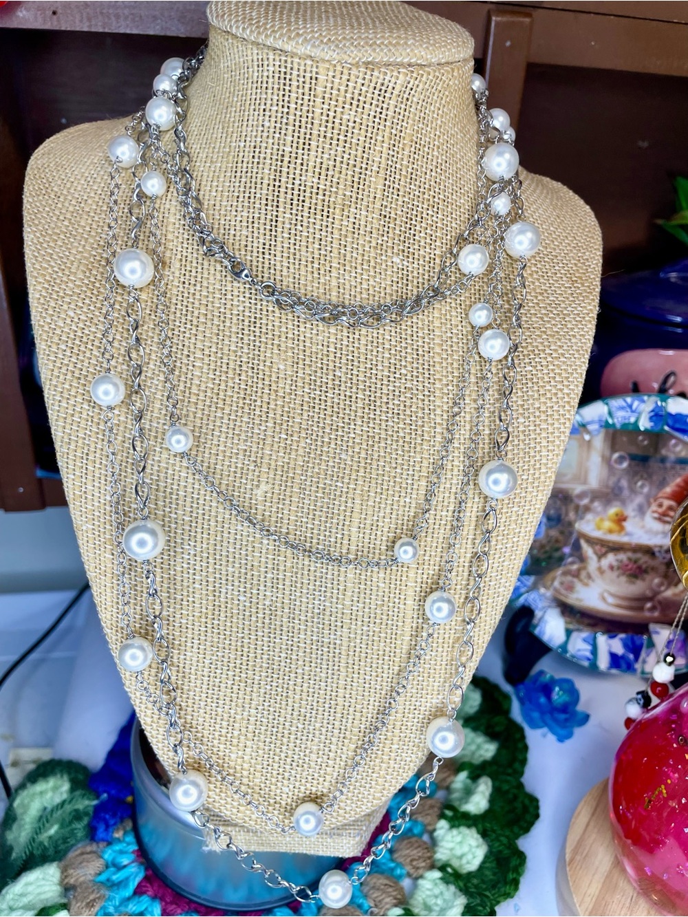 Multi-Strand Silver Pearl Bead Necklace - Elegant White Pearls